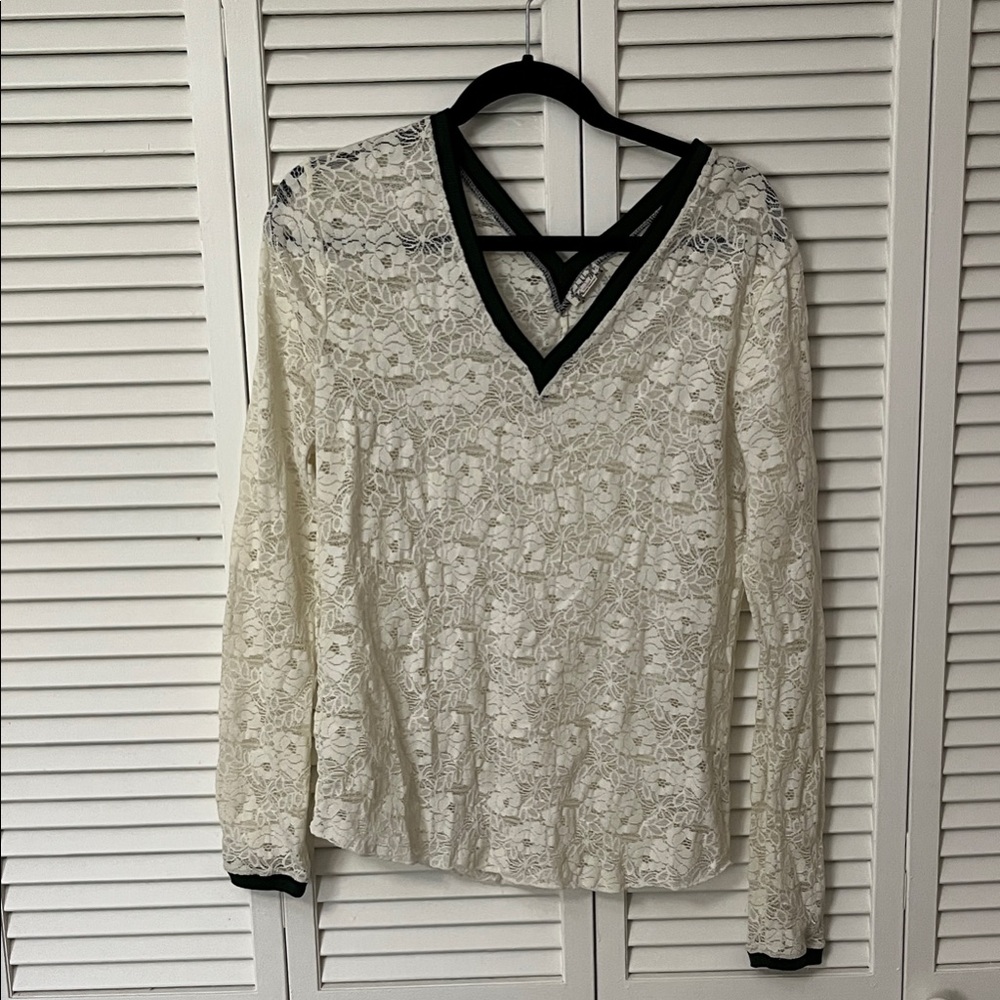 Free People Lace V-Neck Blouse - Cream and Black